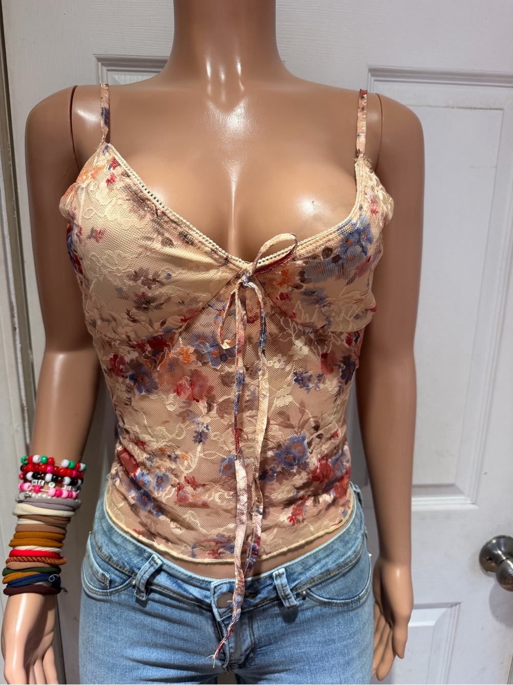 Floral Lace Tie-Front Cami Top in Cream
